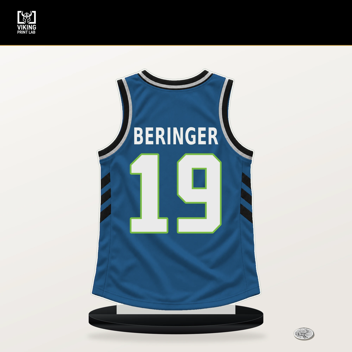 Joan Beringer number 19 Minnesota Timberwolves jersey stand with included black base.