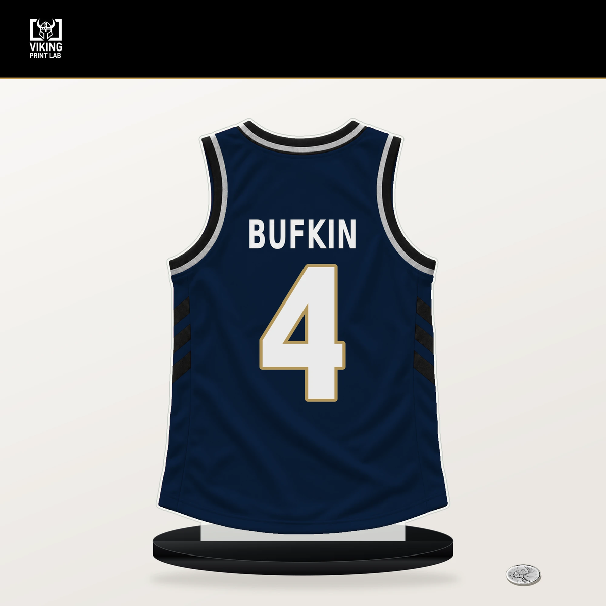 Kobe Bufkin number 4 New Orleans Pelicans jersey stand with included black base.
