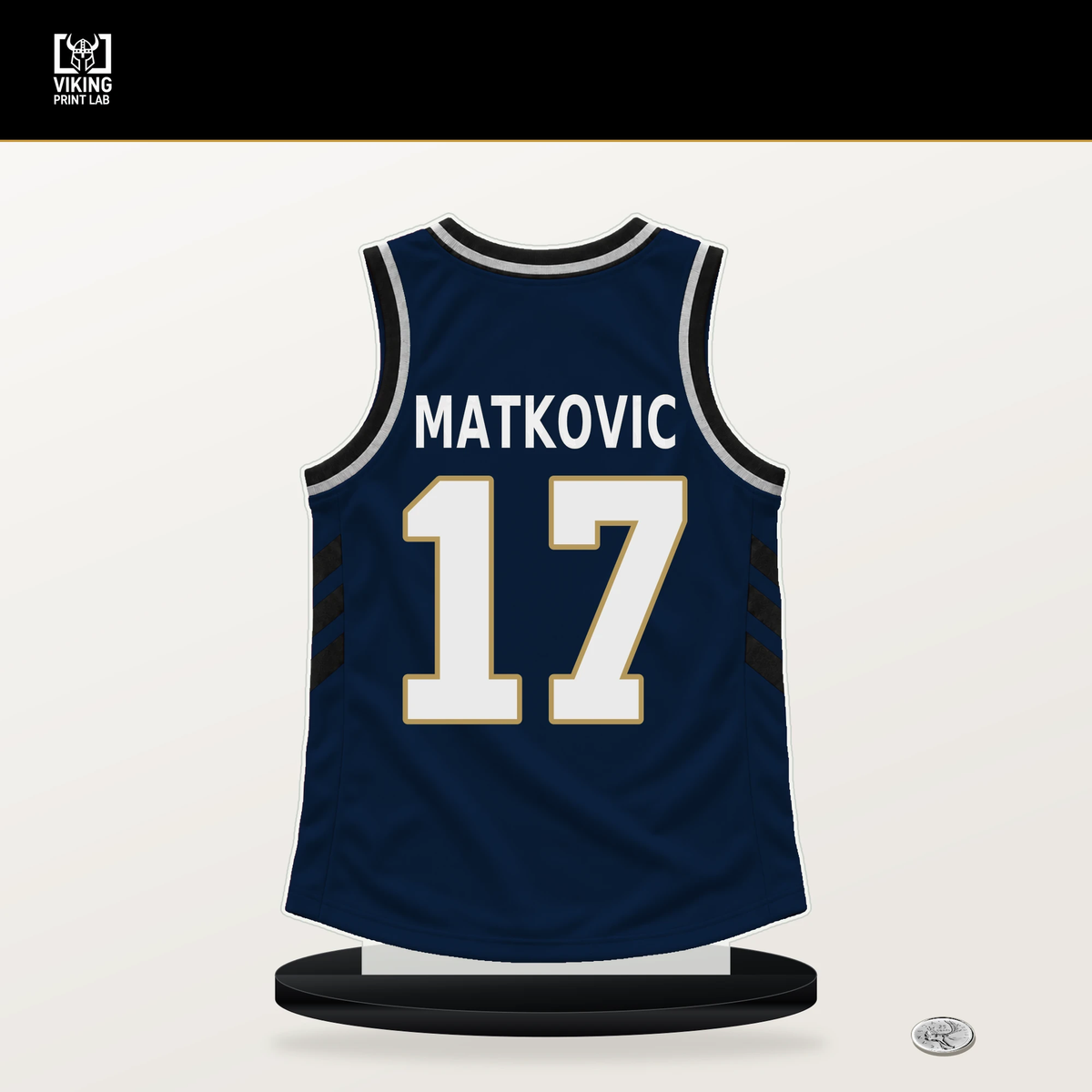 Karlo Matkovic number 17 New Orleans Pelicans jersey stand with included black base.