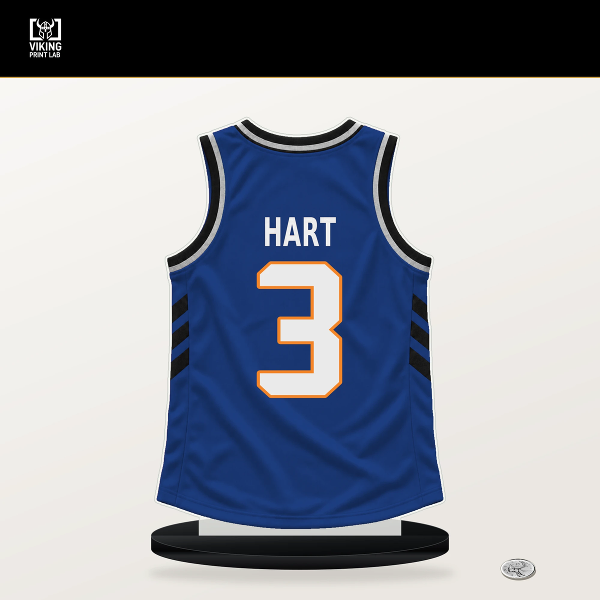 Josh Hart number 3 New York Knicks jersey stand with included black base.