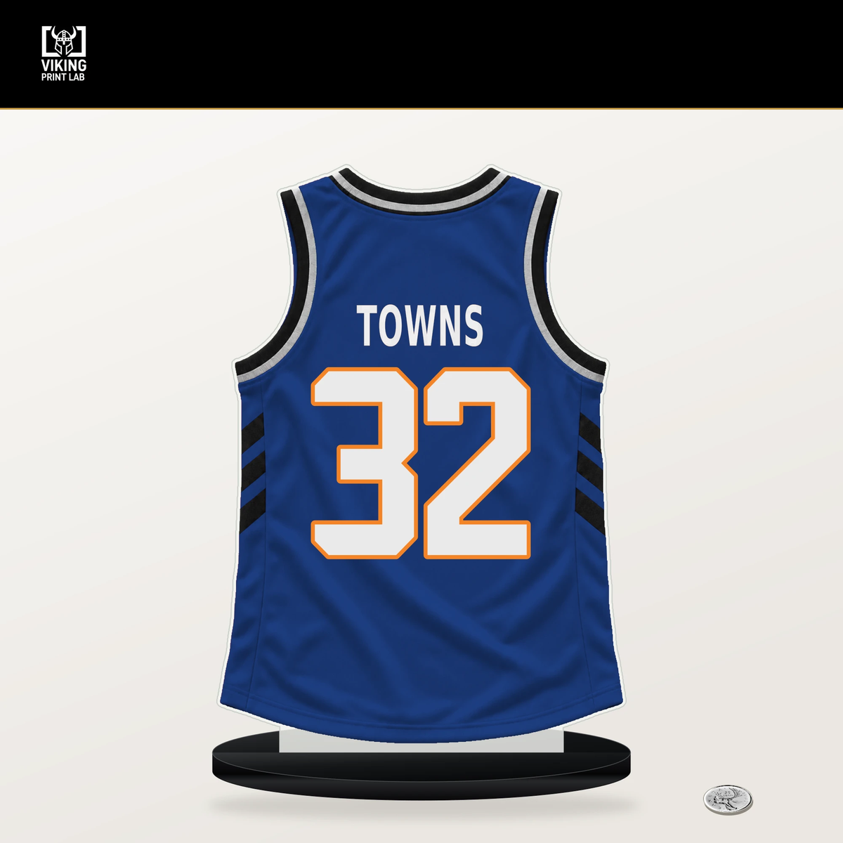Karl-Anthony Towns number 32 New York Knicks jersey stand with included black base.