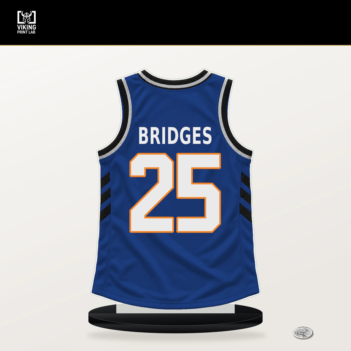 Mikal Bridges number 25 New York Knicks jersey stand with included black base.