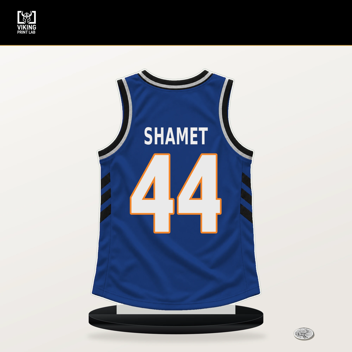 Landry Shamet number 44 New York Knicks jersey stand with included black base.