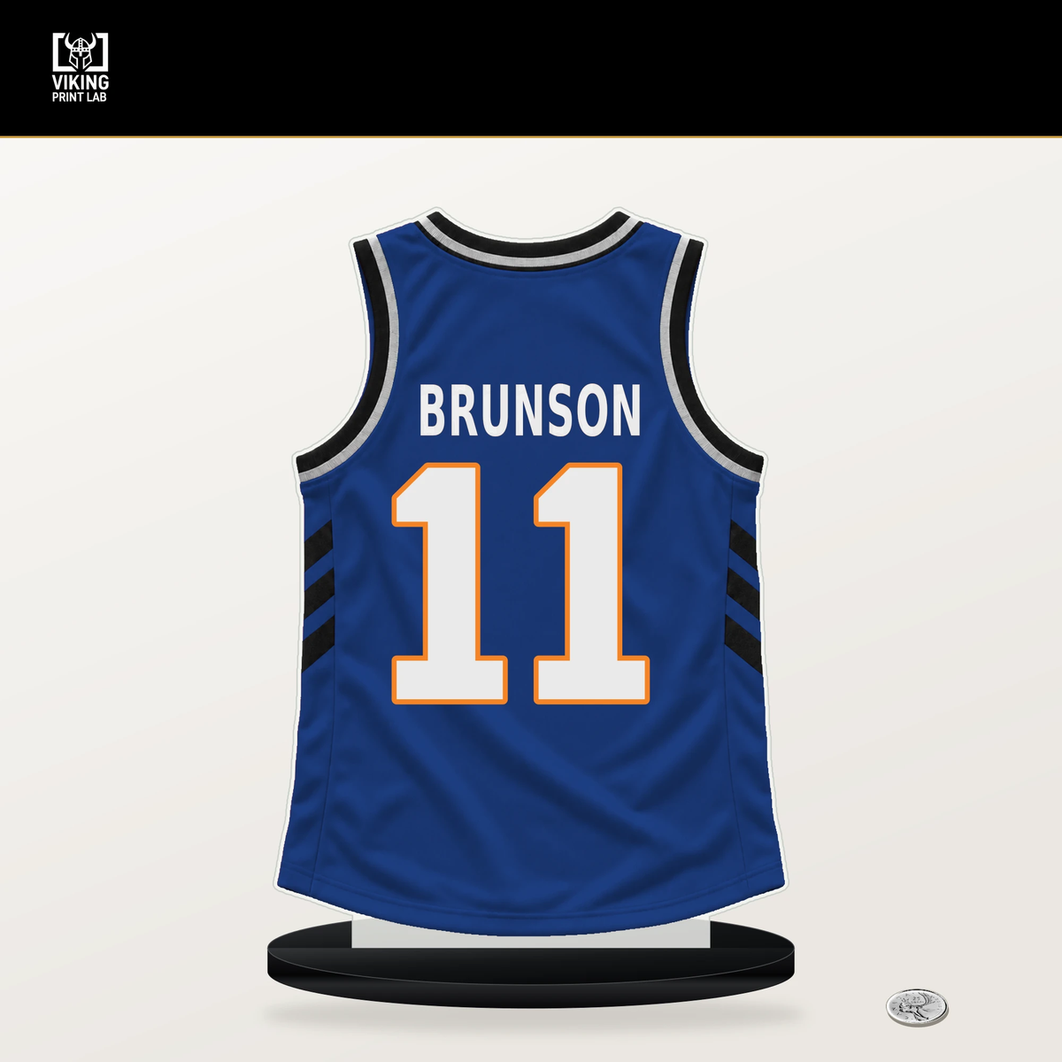 Jalen Brunson number 11 New York Knicks jersey stand with included black base.