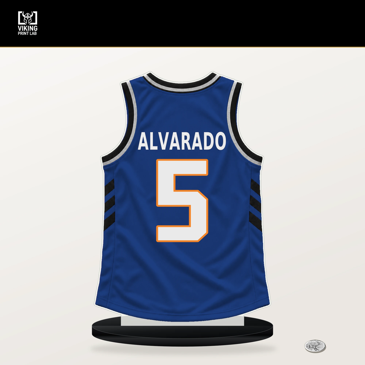 Jose Alvarado number 5 New York Knicks jersey stand with included black base.