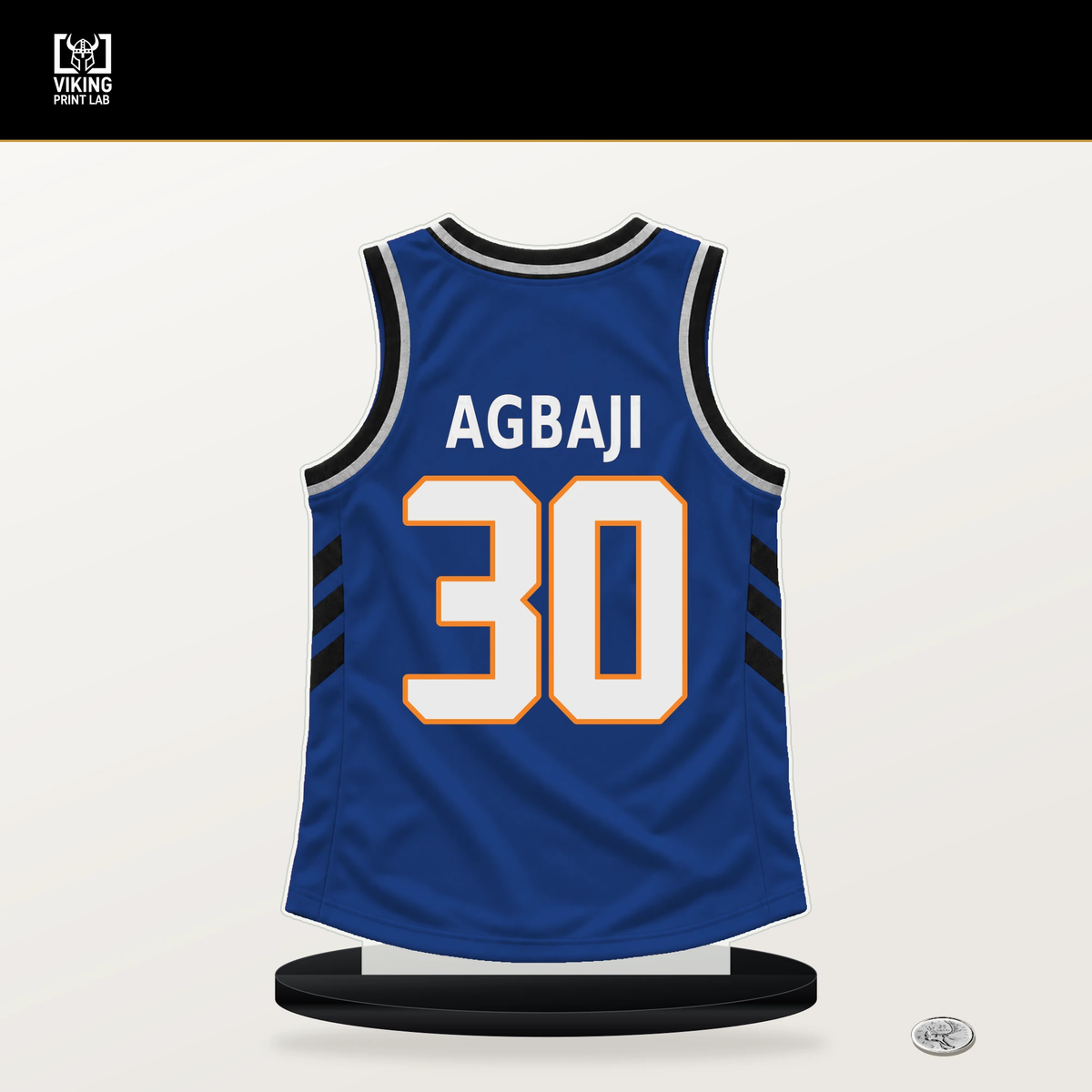 Ochai Agbaji number 30 New York Knicks jersey stand with included black base.