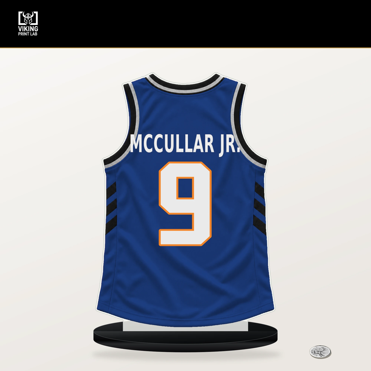 Kevin McCullar Jr. number 9 New York Knicks jersey stand with included black base.