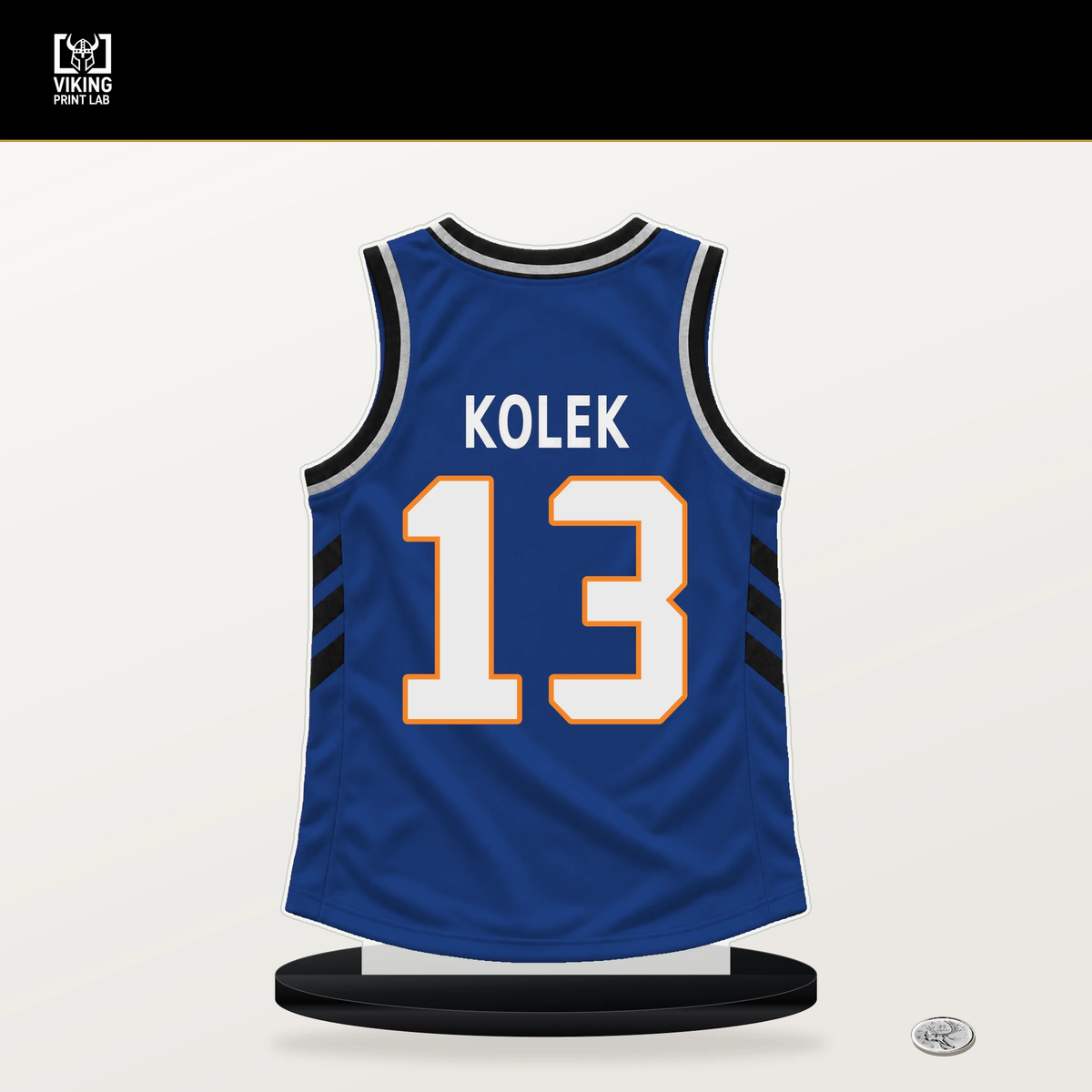 Tyler Kolek number 13 New York Knicks jersey stand with included black base.