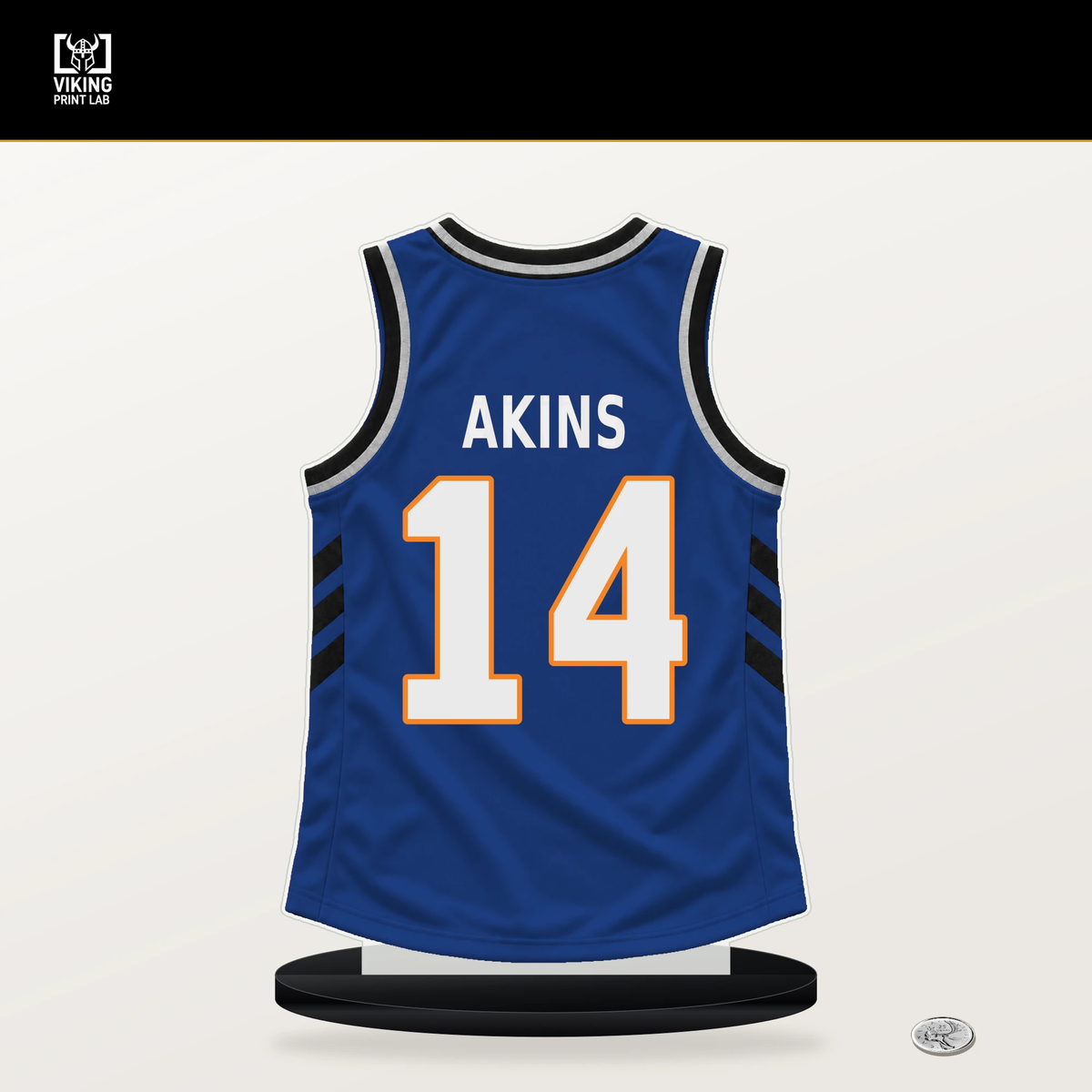 Jaden Akins number 14 New York Knicks jersey stand with included black base.