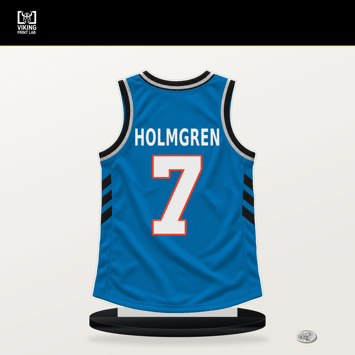 Chet Holmgren number 7 Oklahoma City Thunder jersey stand with included black base.