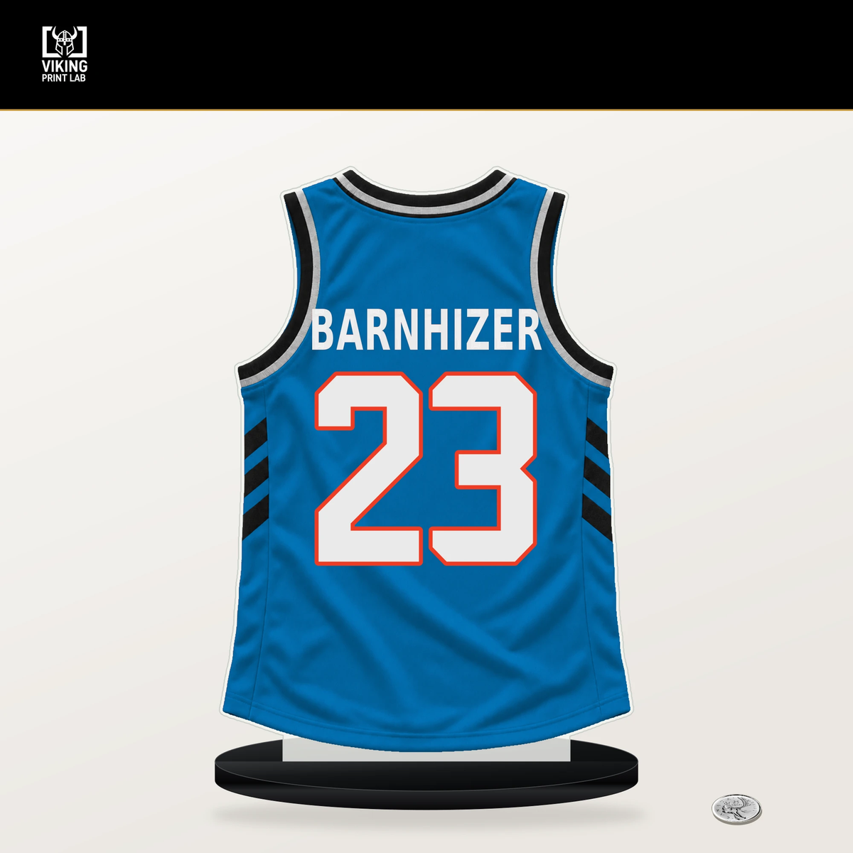 Brooks Barnhizer number 23 Oklahoma City Thunder jersey stand with included black base.