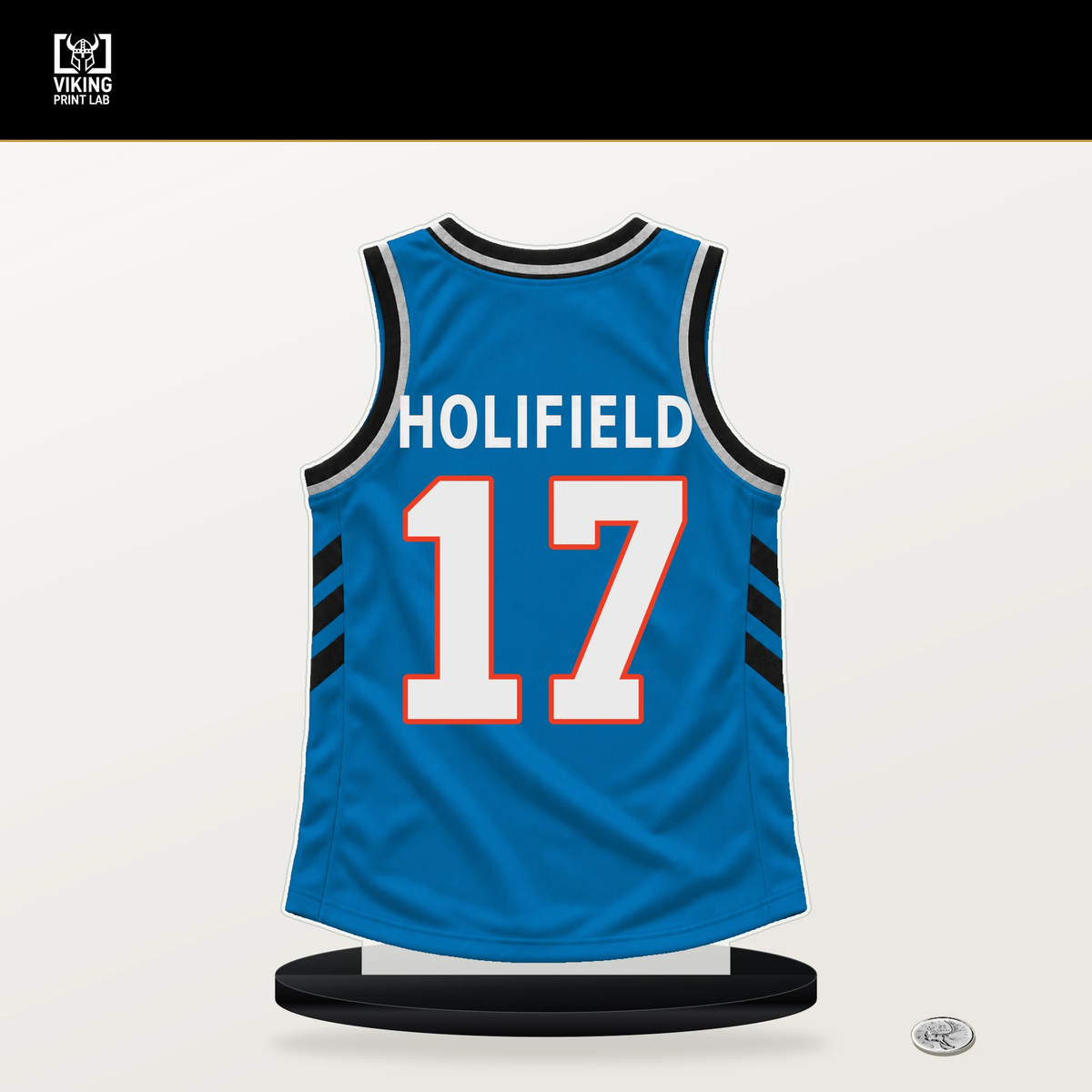 Andrew Holifield number 17 Oklahoma City Thunder jersey stand with included black base.