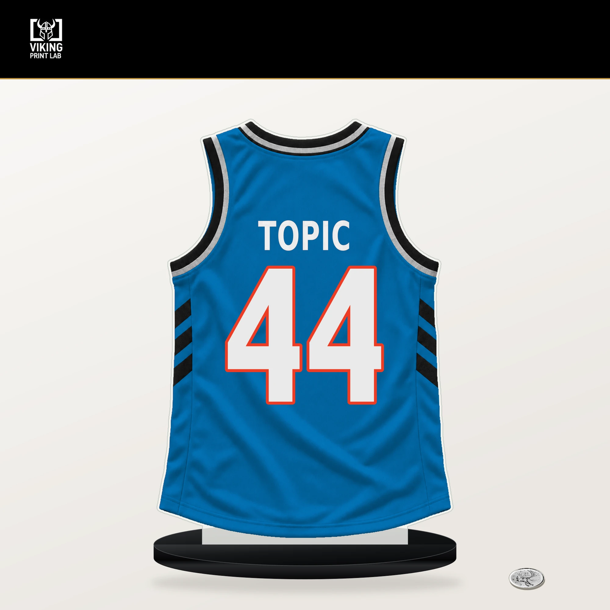 Nikola Topic number 44 Oklahoma City Thunder jersey stand with included black base.