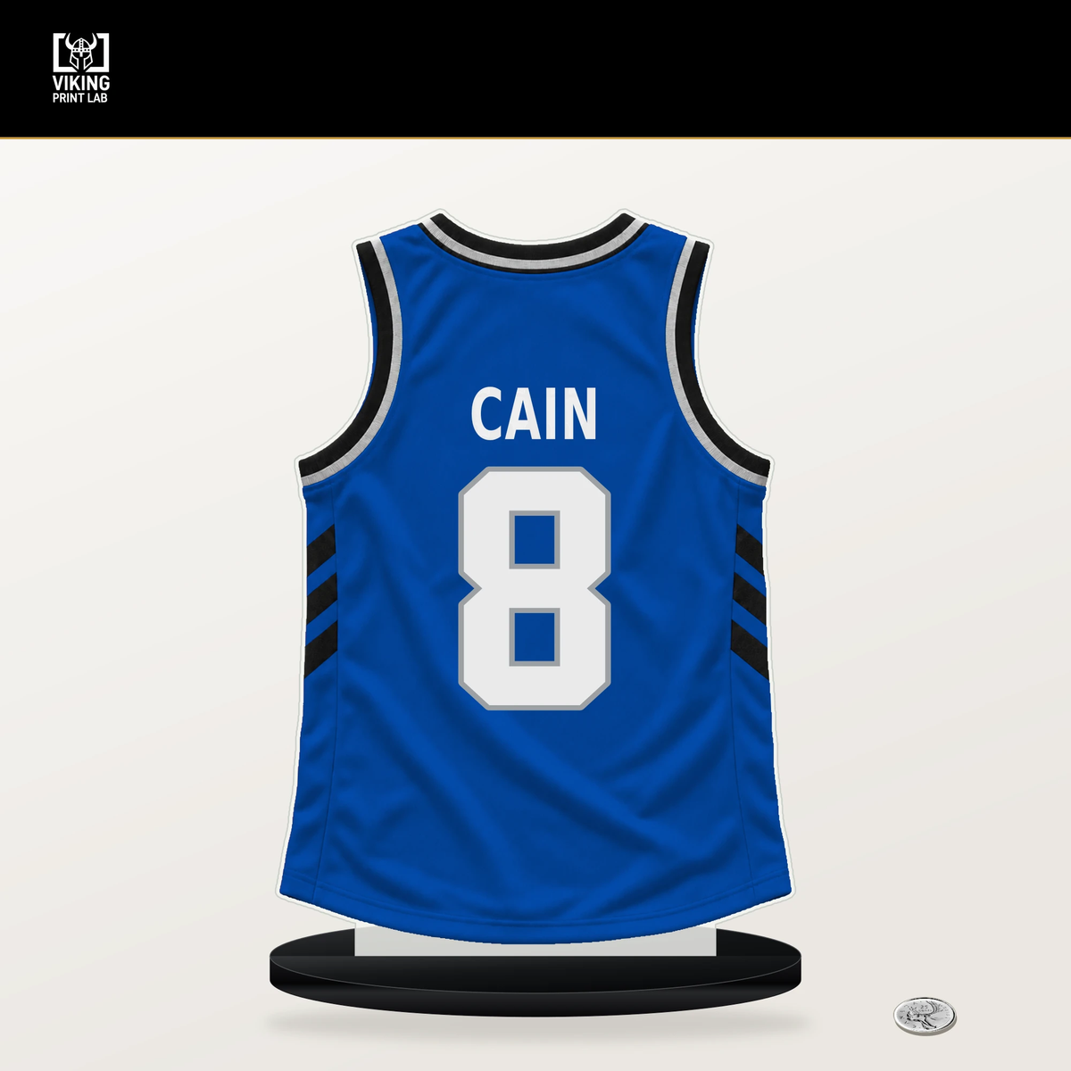 Jamal Cain number 8 Orlando Magic jersey stand with included black base.