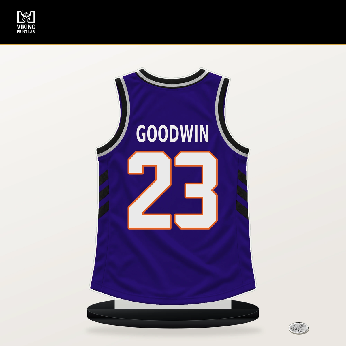 Jordan Goodwin number 23 Phoenix Suns jersey stand with included black base.