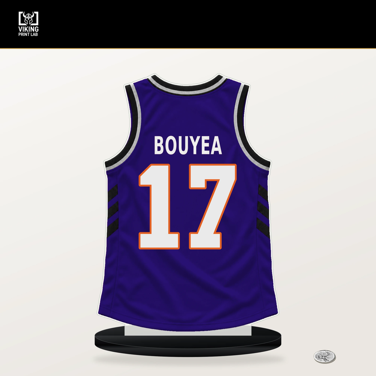 Jamaree Bouyea number 17 Phoenix Suns jersey stand with included black base.