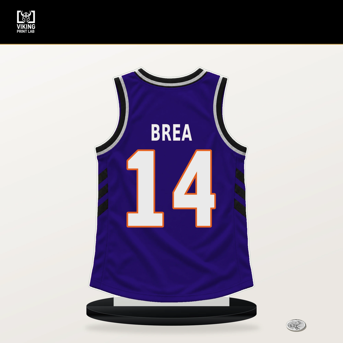 Koby Brea number 14 Phoenix Suns jersey stand with included black base.