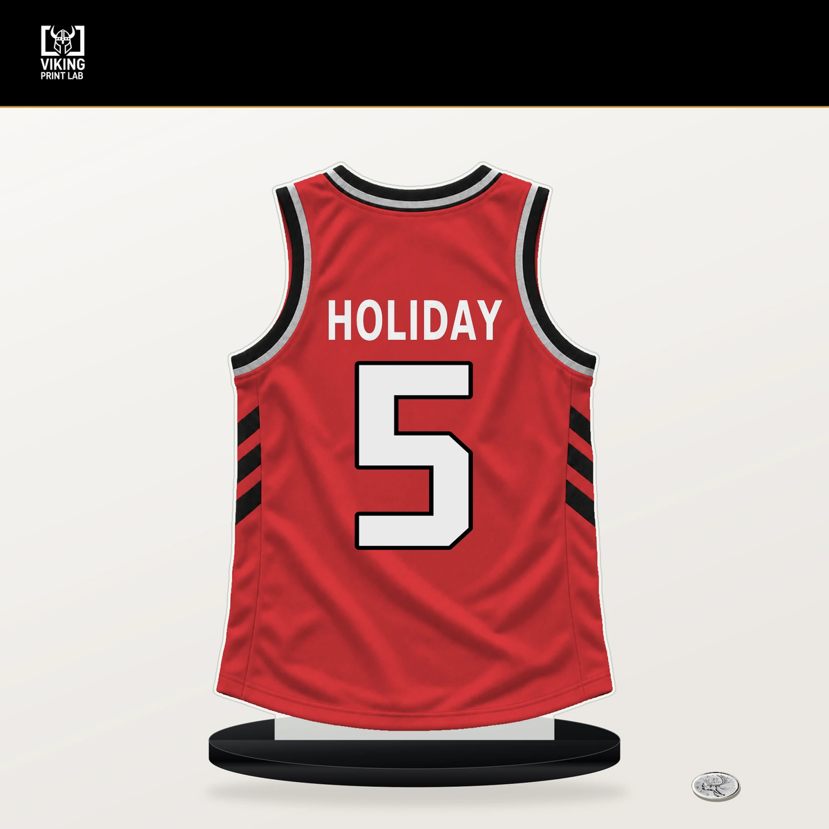 Jrue Holiday number 5 Portland Trail Blazers jersey stand with included black base.
