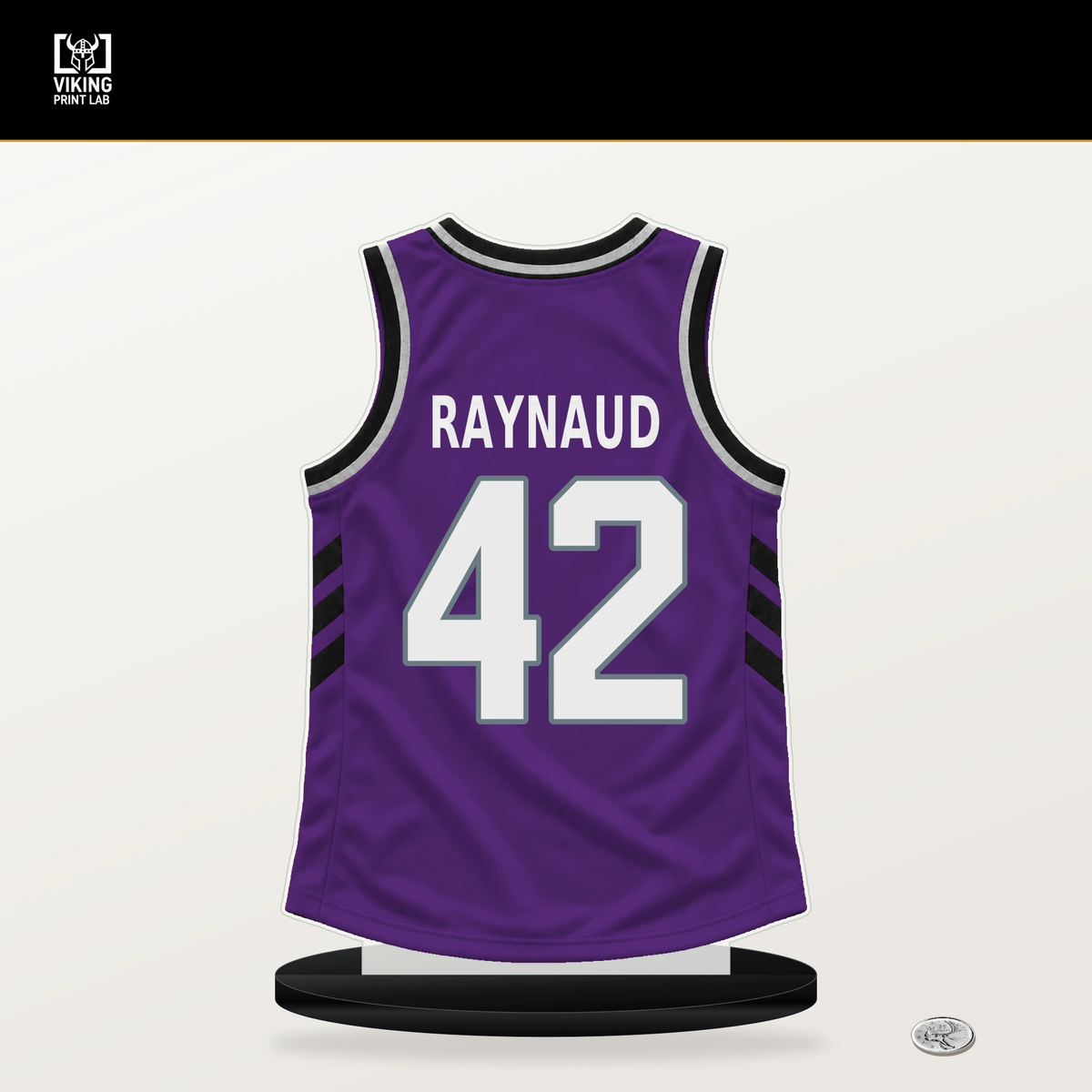 Maxime Raynaud number 42 Sacramento Kings jersey stand with included black base.