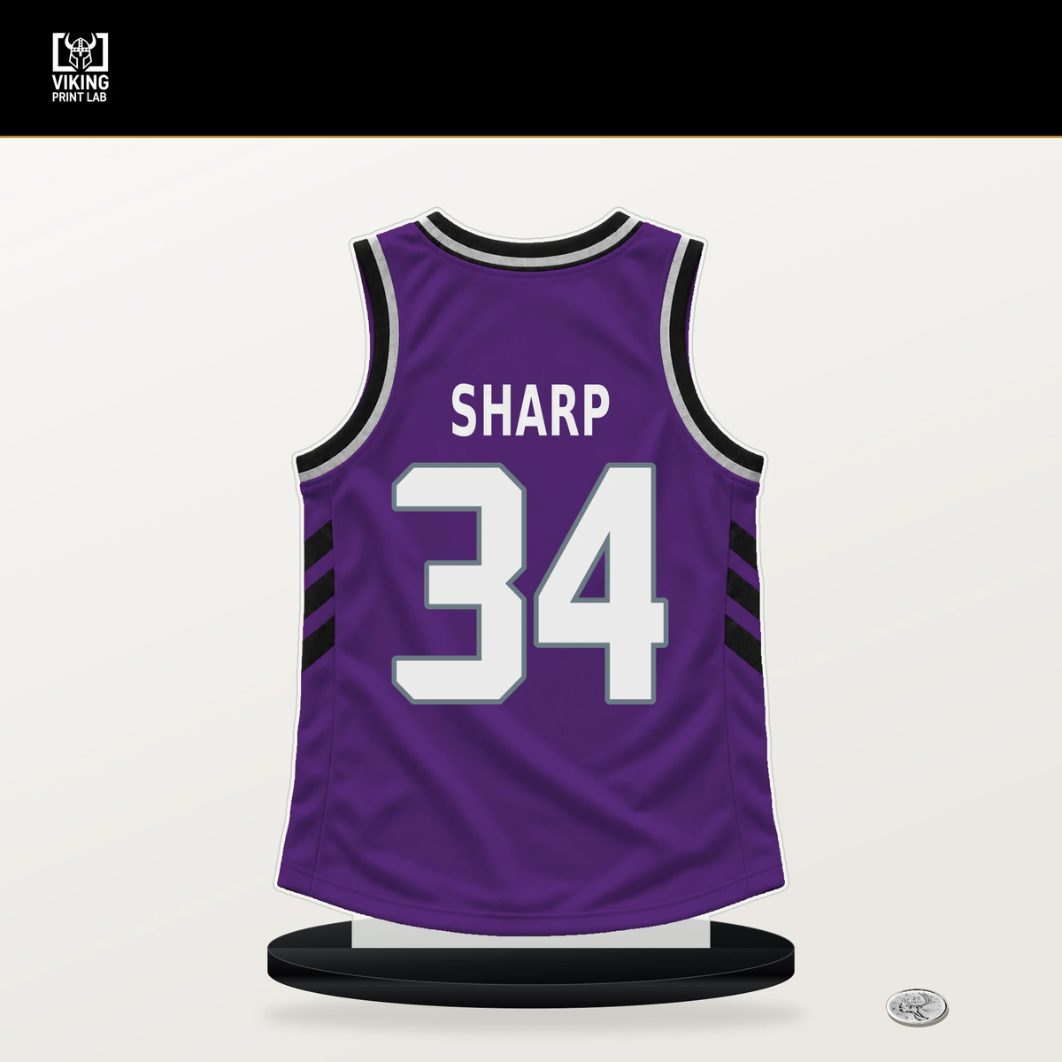Emanuel Sharp number 34 Sacramento Kings jersey stand with included black base.