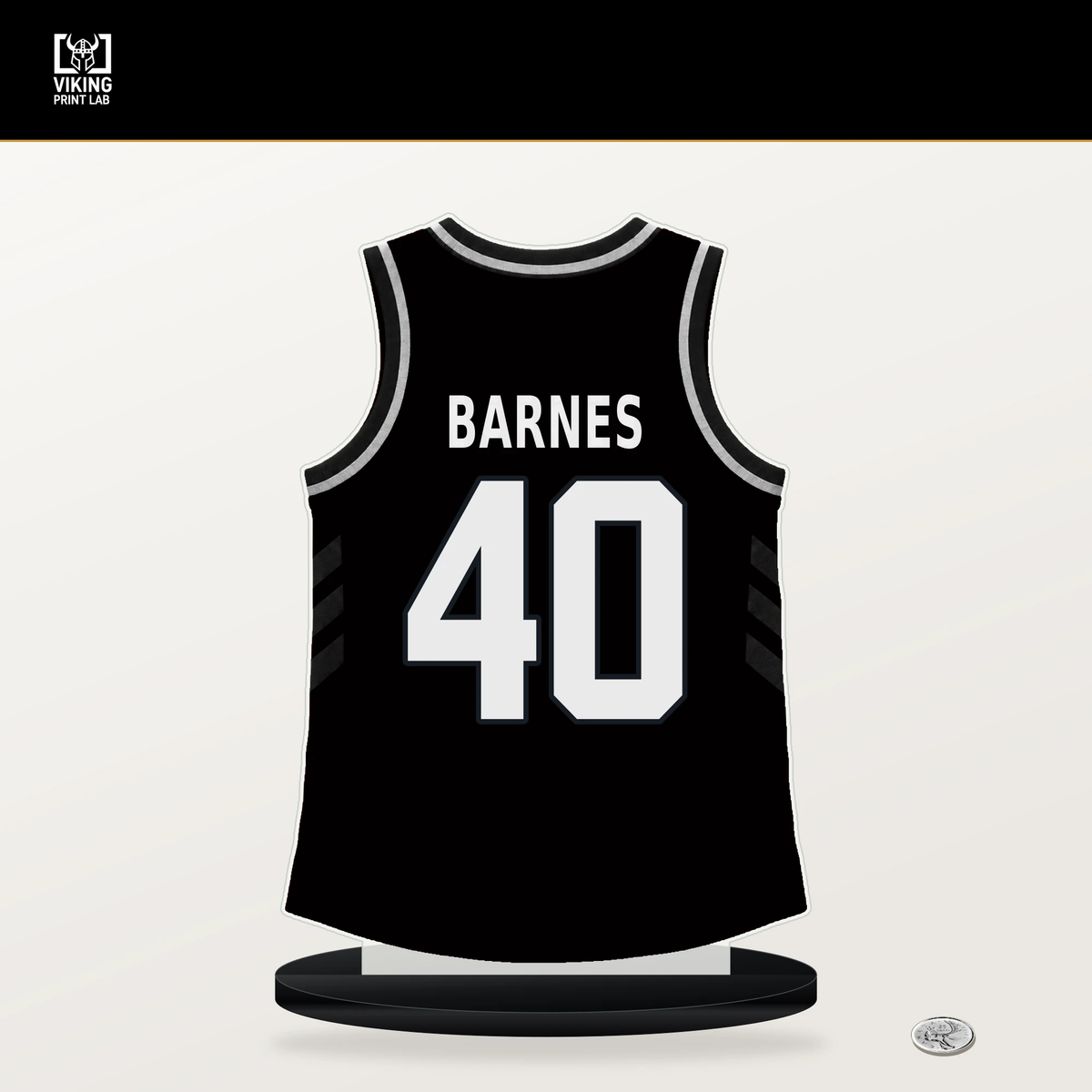 Harrison Barnes number 40 San Antonio Spurs jersey stand with included black base.