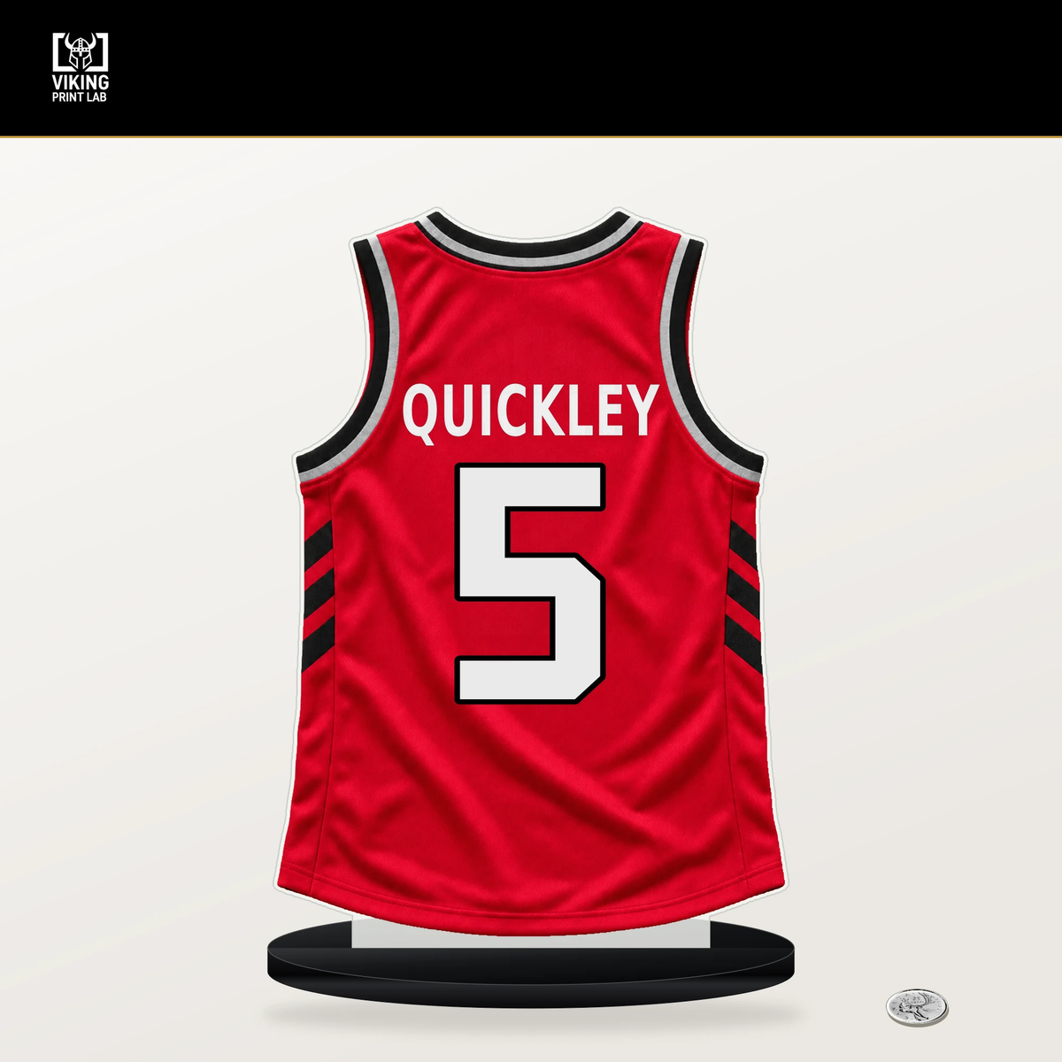 Immanuel Quickley number 5 Toronto Raptors jersey stand with included black base.