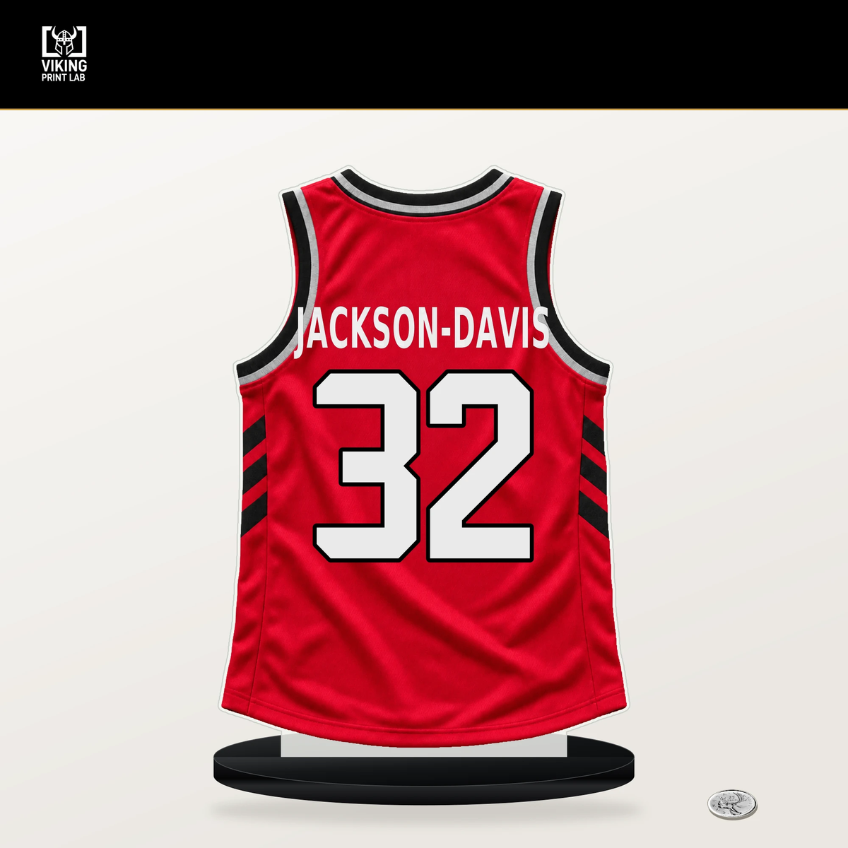 Trayce Jackson-Davis number 32 Toronto Raptors jersey stand with included black base.