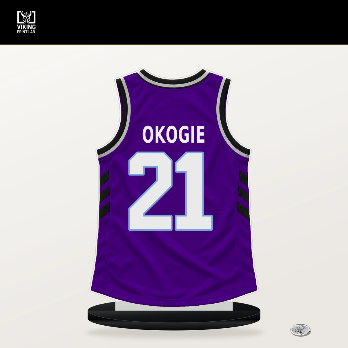 Josh Okogie number 21 Utah Jazz jersey stand with included black base.