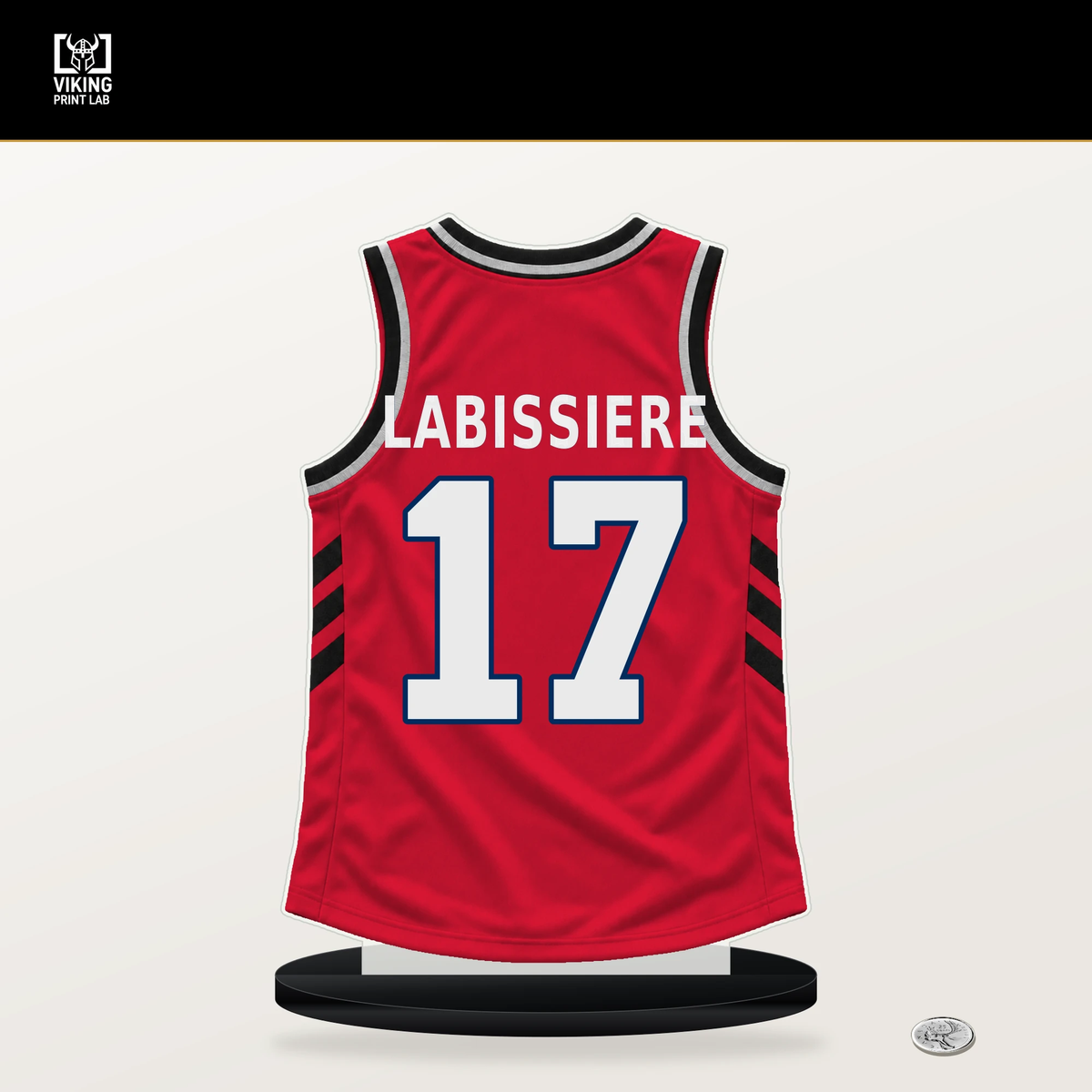 Skal Labissiere number 17 Washington Wizards jersey stand with included black base.