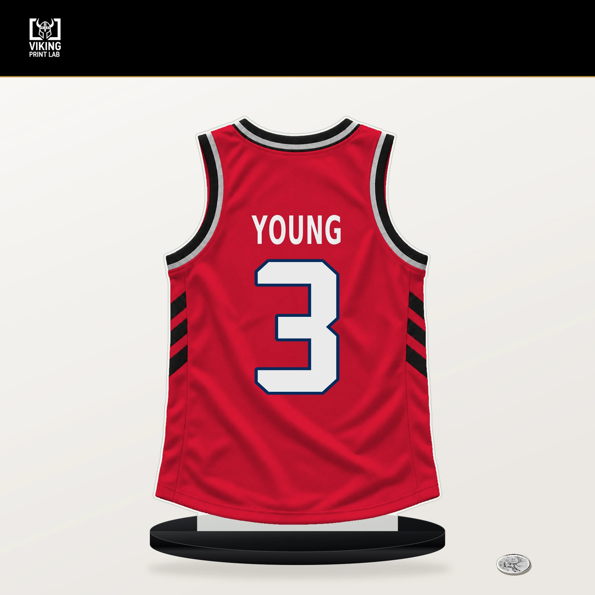 Trae Young number 3 Washington Wizards jersey stand with included black base.