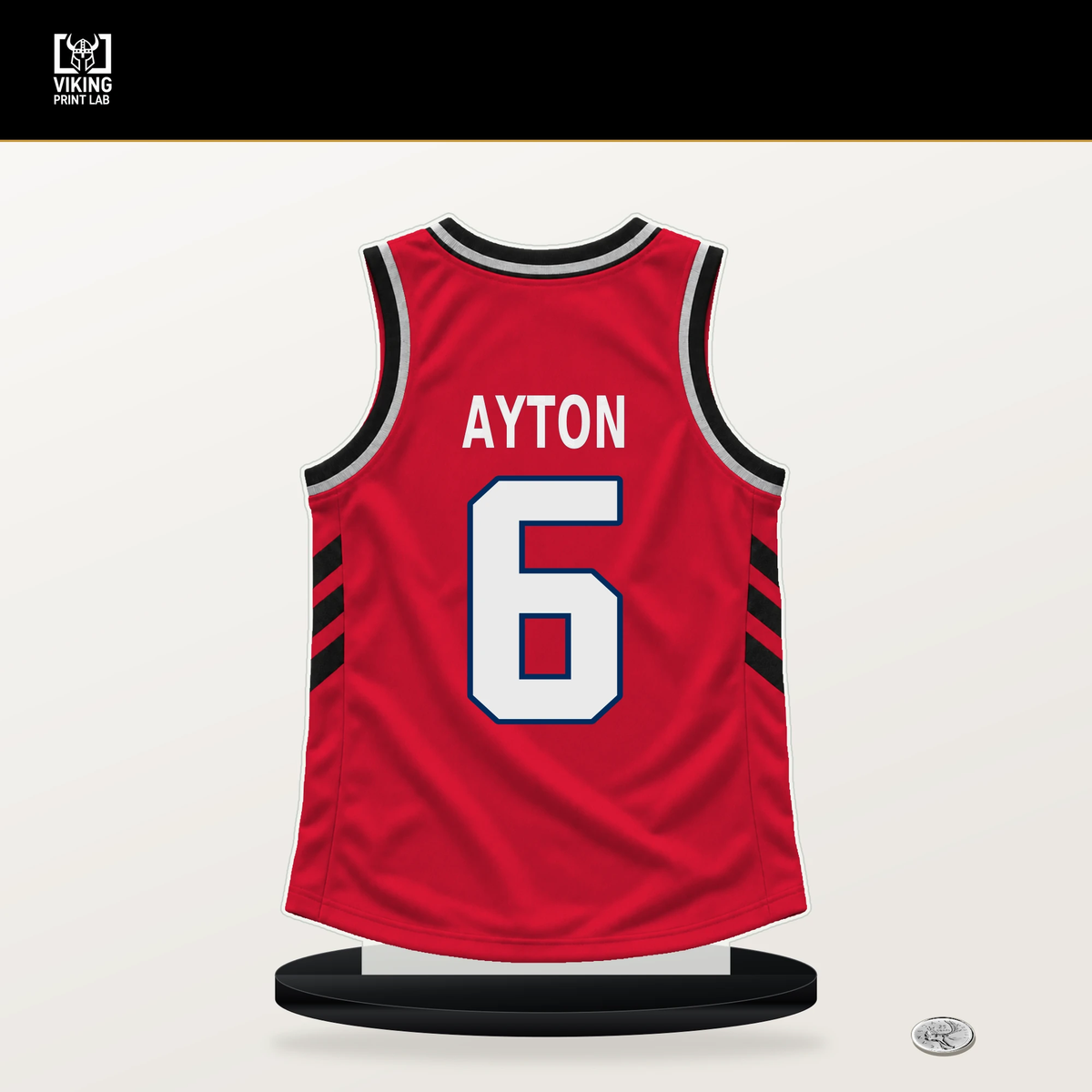 Deandre Ayton number 6 Washington Wizards jersey stand with included black base.