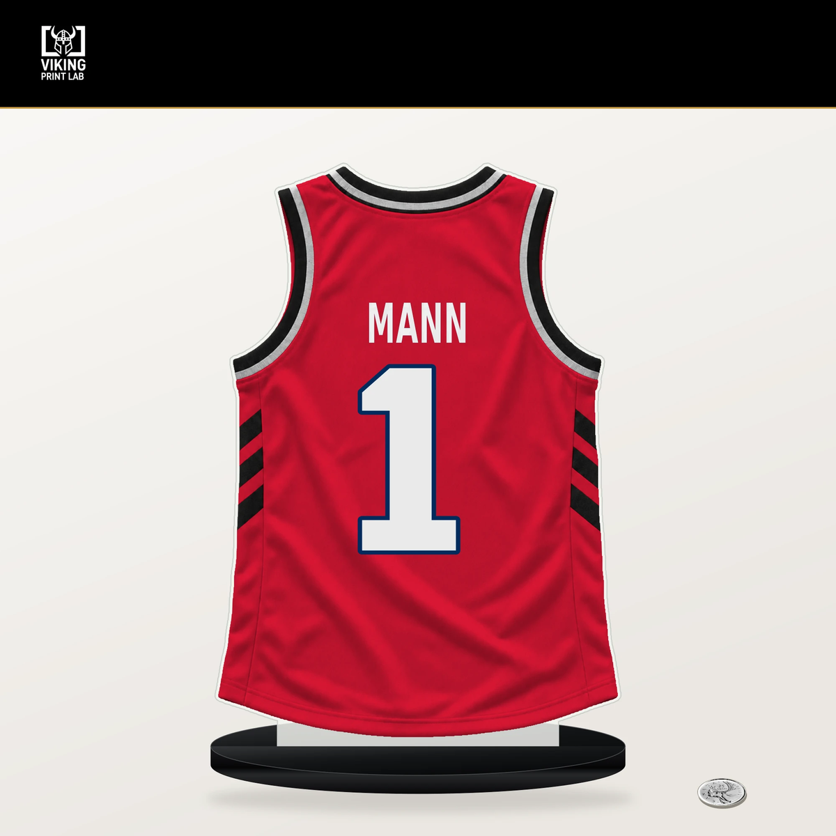 Tre Mann number 1 Washington Wizards jersey stand with included black base.