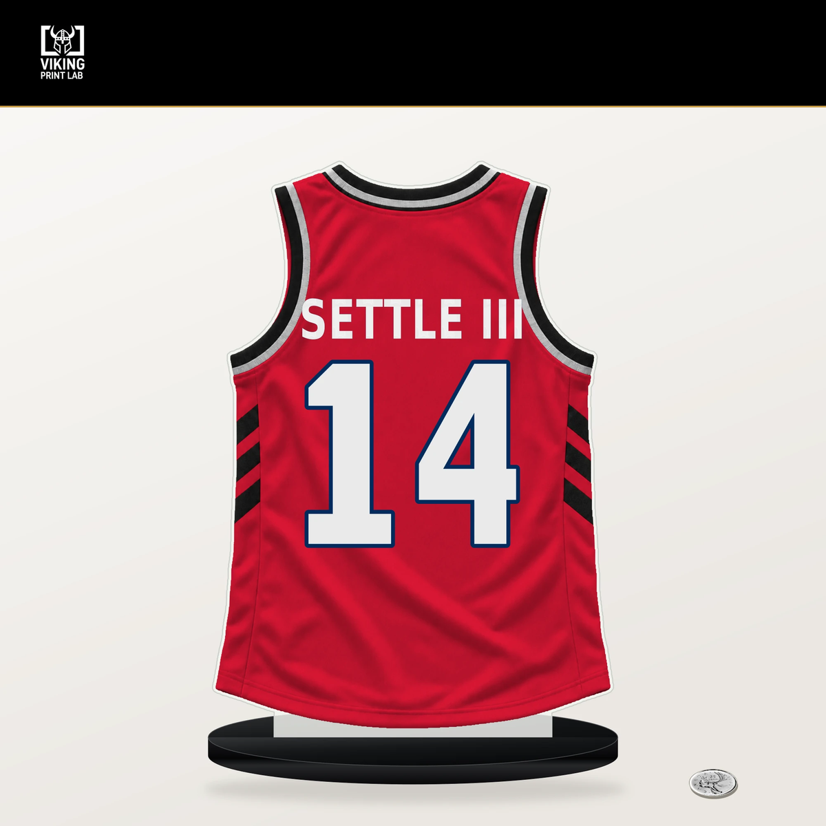 Steve Settle III number 14 Washington Wizards jersey stand with included black base.