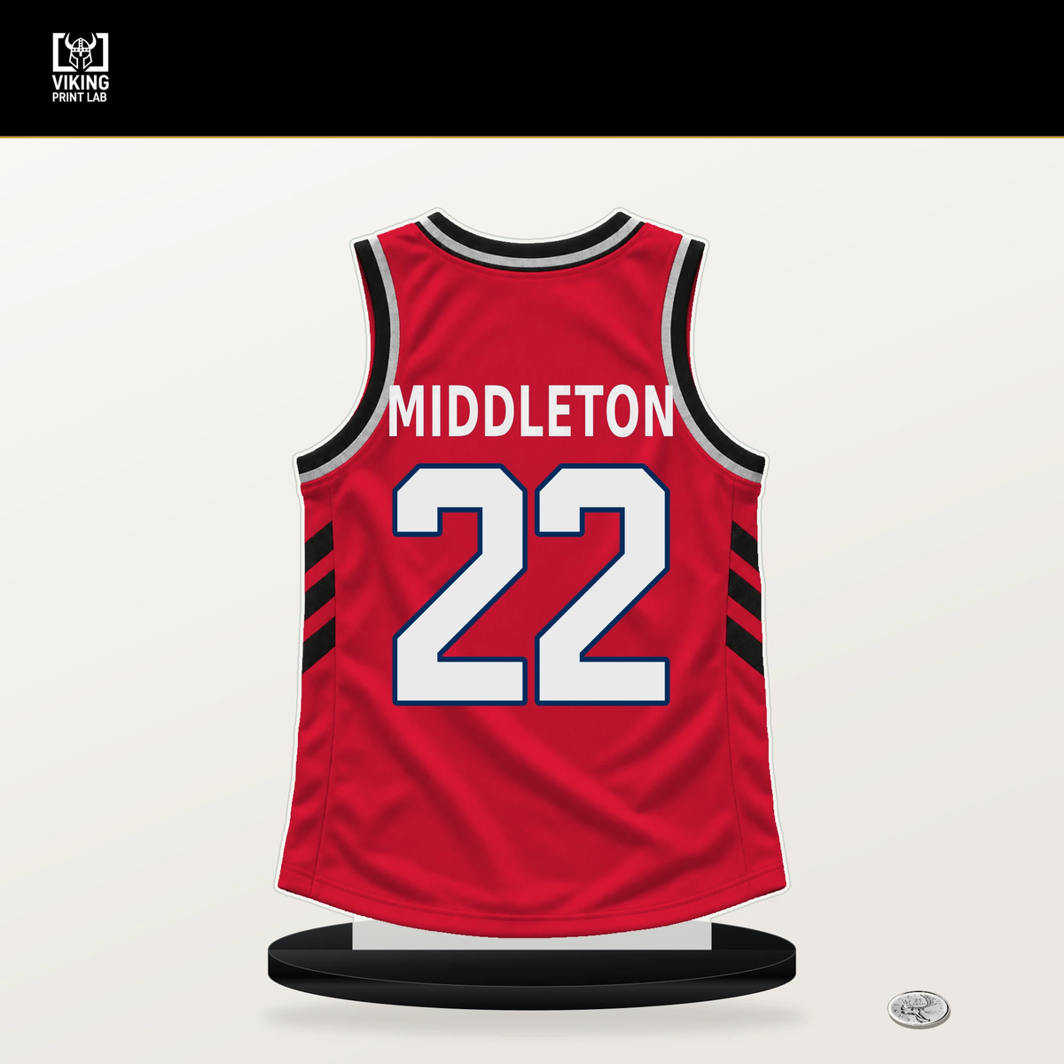 Khris Middleton number 22 Washington Wizards jersey stand with included black base.