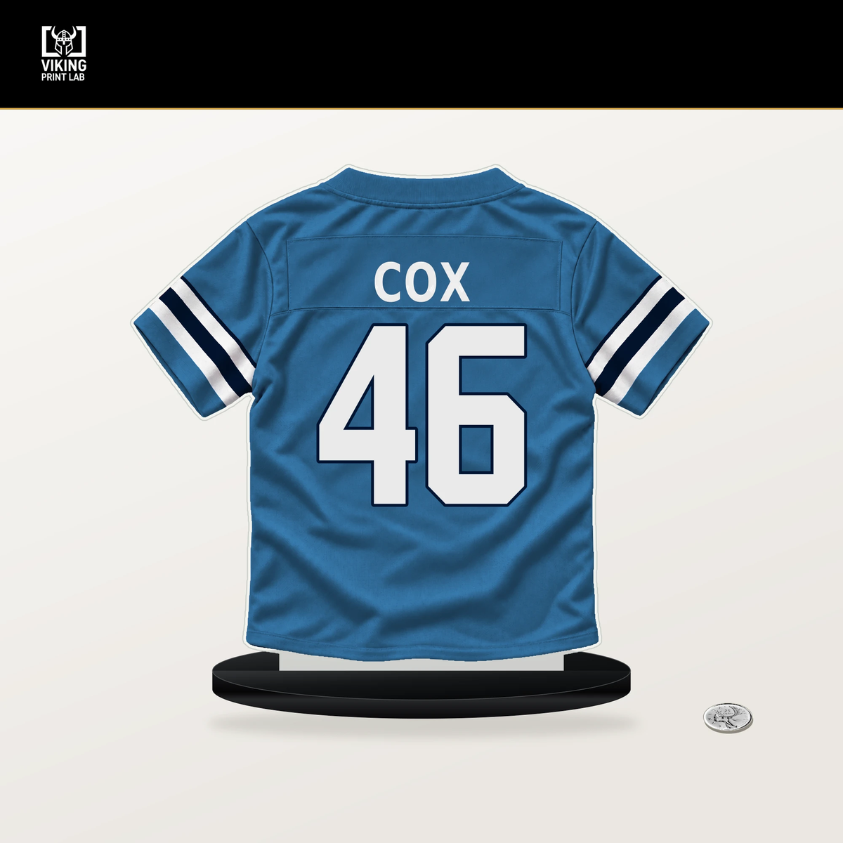 Morgan Cox number 46 Tennessee Titans jersey stand with included black base.
