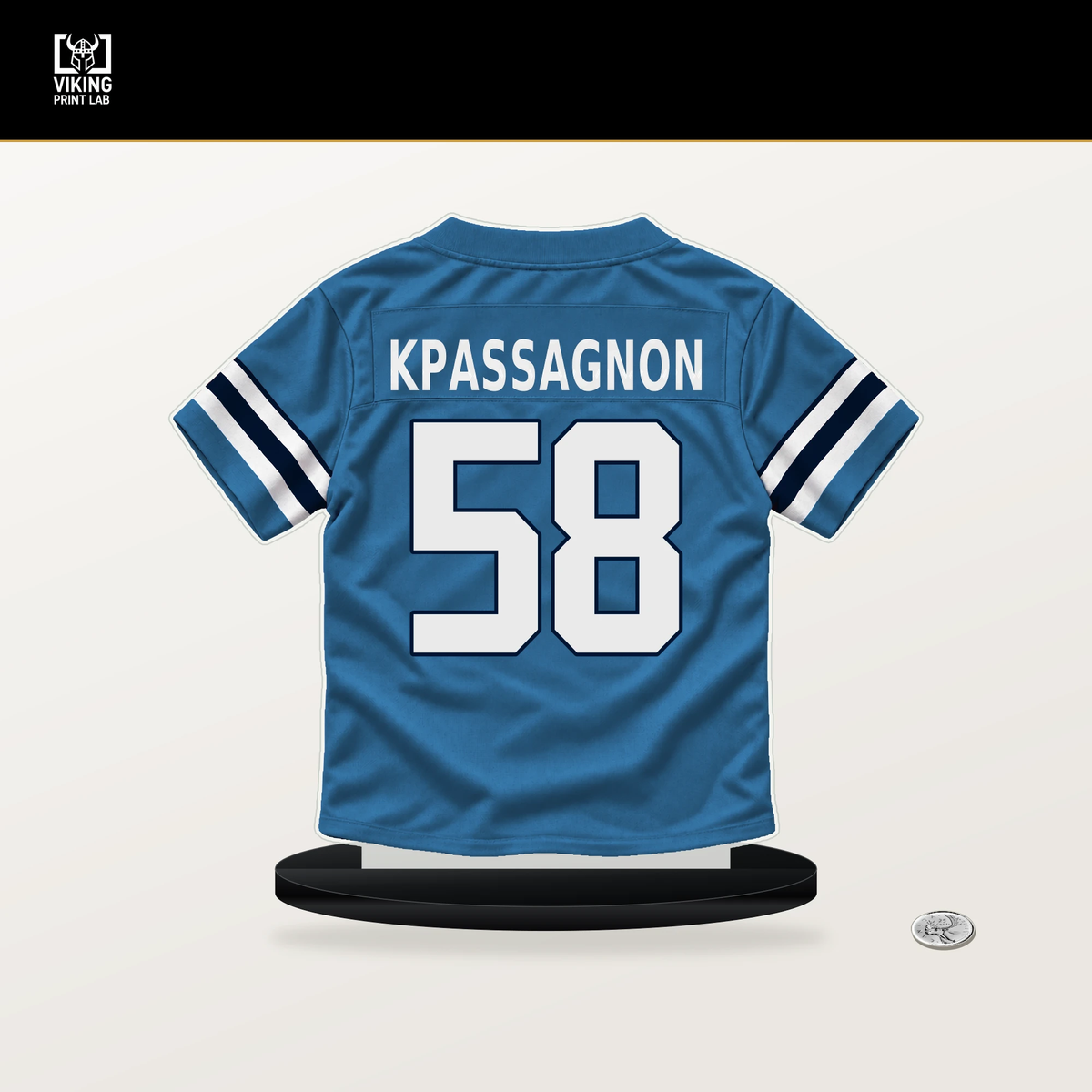Tanoh Kpassagnon number 58 Tennessee Titans jersey stand with included black base.