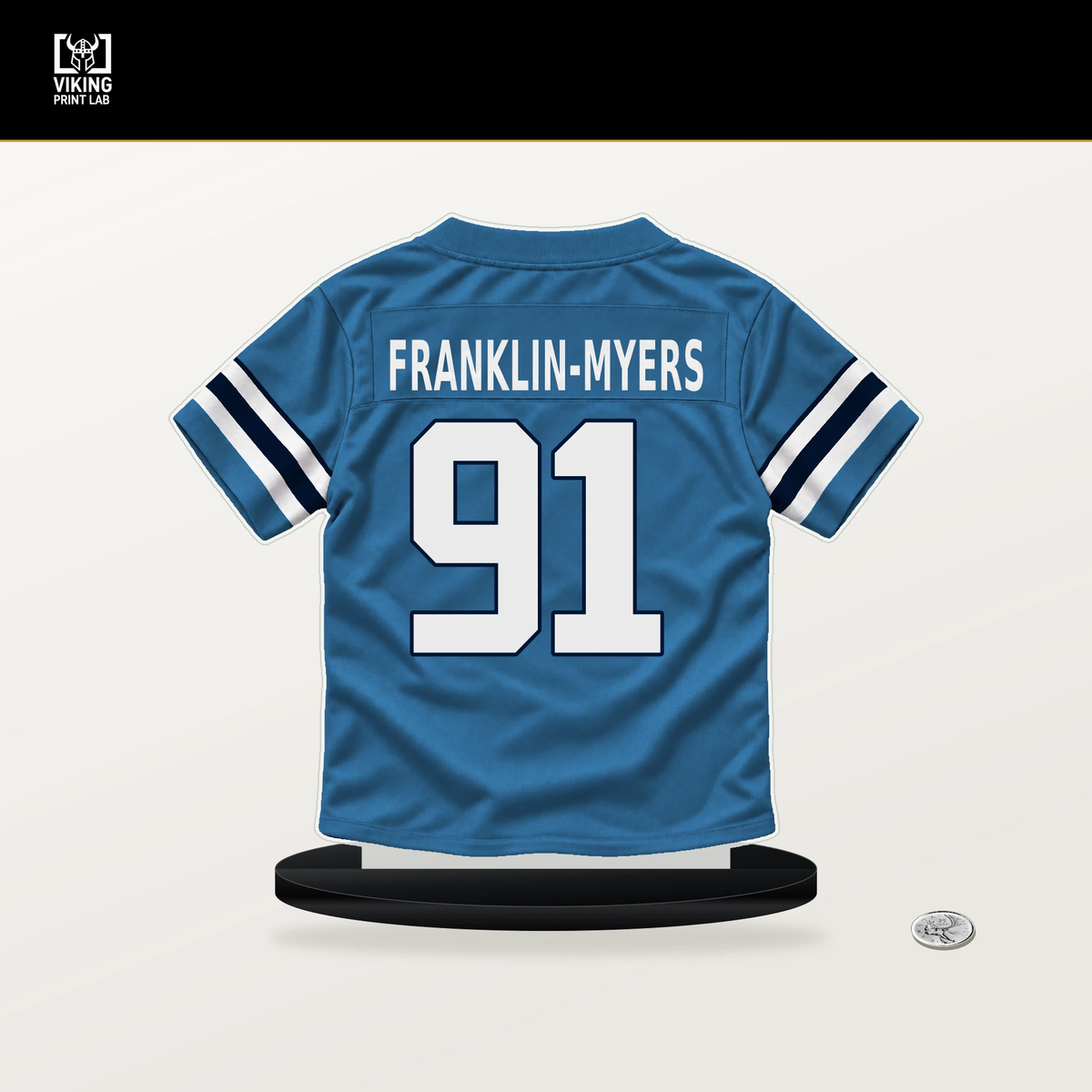 John Franklin-Myers number 91 Tennessee Titans jersey stand with included black base.