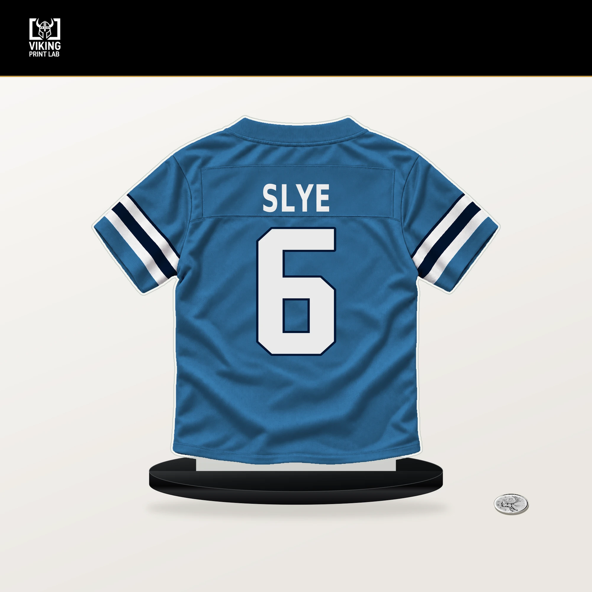 Joey Slye number 6 Tennessee Titans jersey stand with included black base.