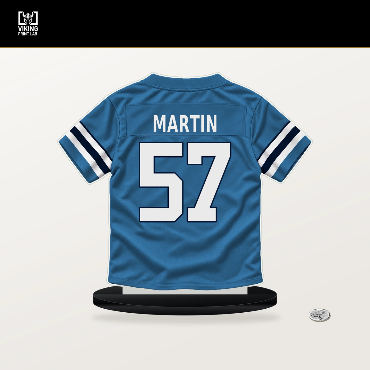 Jacob Martin number 57 Tennessee Titans jersey stand with included black base.
