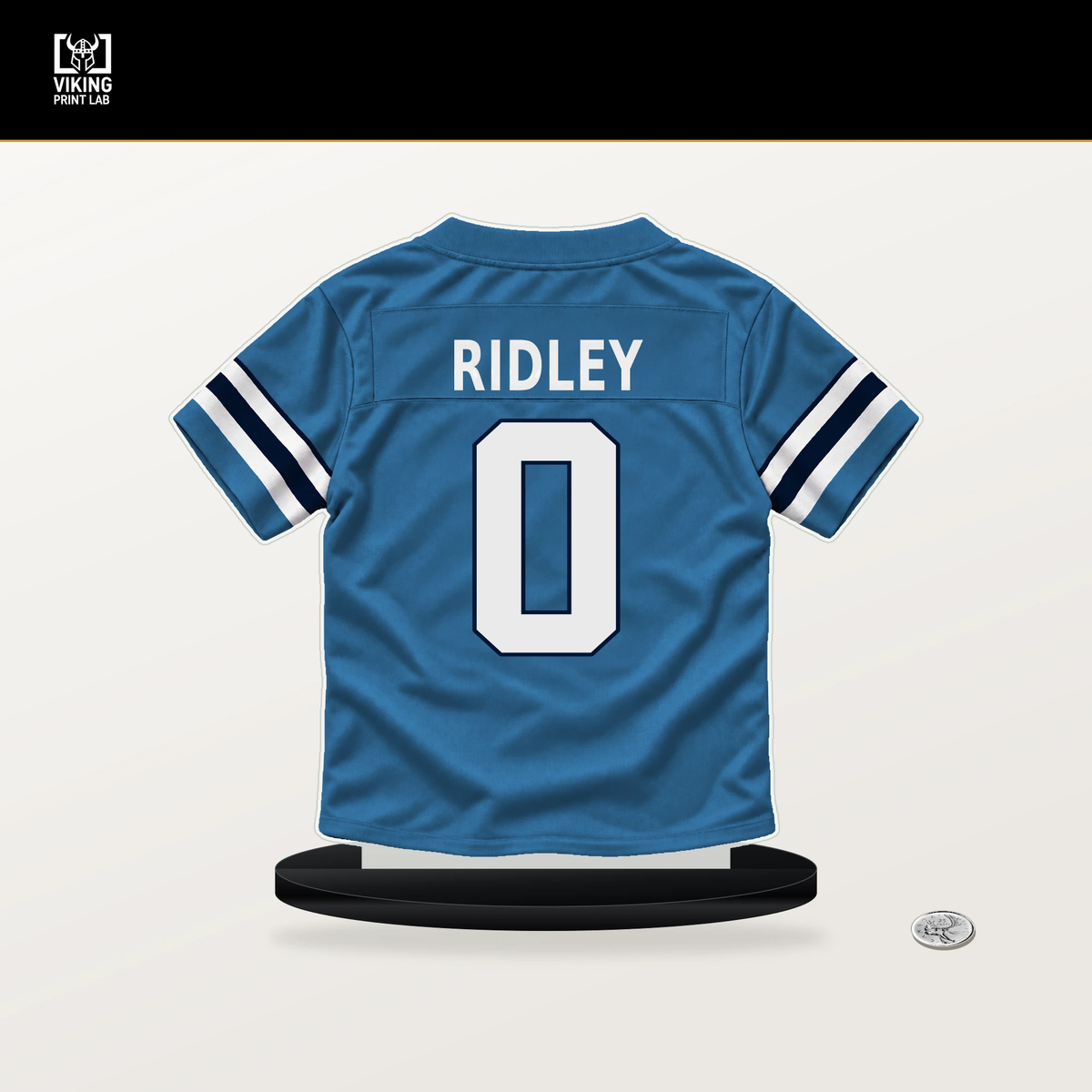 Calvin Ridley number 0 Tennessee Titans jersey stand with included black base.