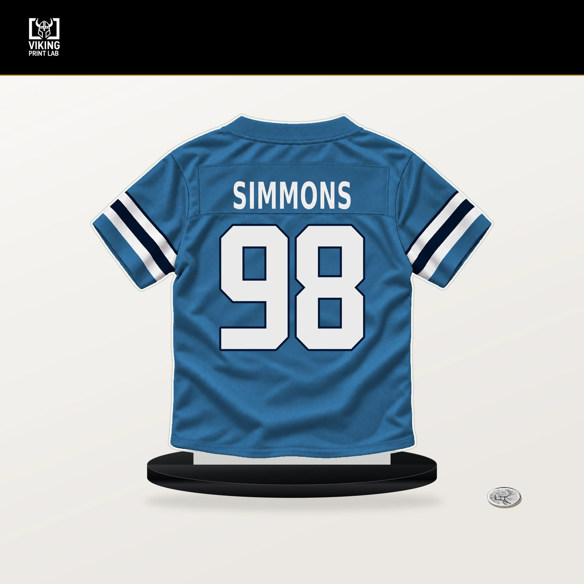 Jeffery Simmons number 98 Tennessee Titans jersey stand with included black base.