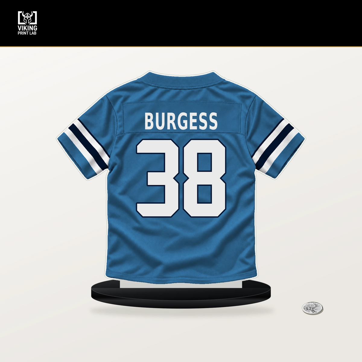 Terrell Burgess number 38 Tennessee Titans jersey stand with included black base.