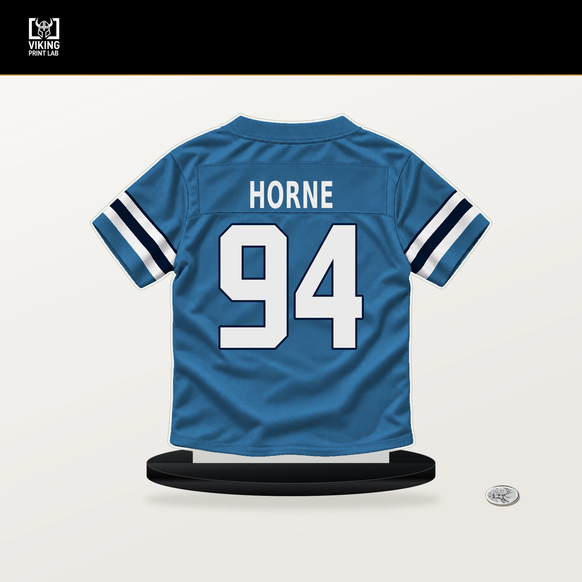 Timmy Horne number 94 Tennessee Titans jersey stand with included black base.