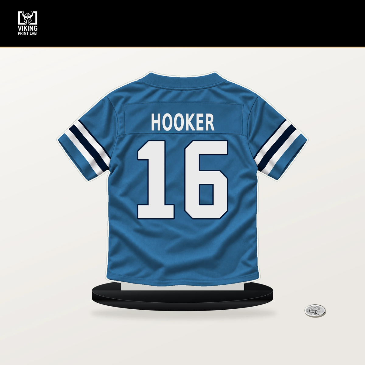 Hendon Hooker number 16 Tennessee Titans jersey stand with included black base.