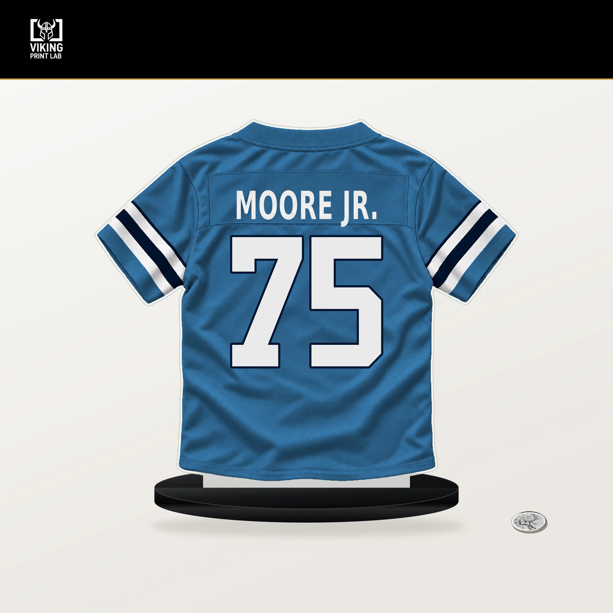 Dan Moore Jr. number 75 Tennessee Titans jersey stand with included black base.