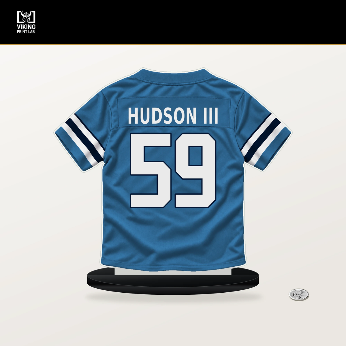 James Hudson III number 59 Tennessee Titans jersey stand with included black base.