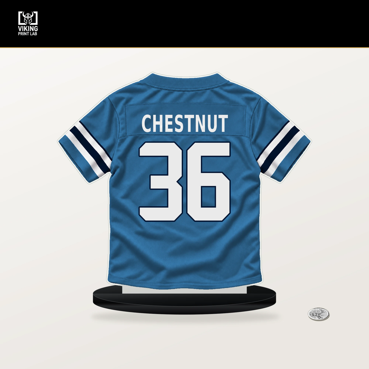 Julius Chestnut number 36 Tennessee Titans jersey stand with included black base.