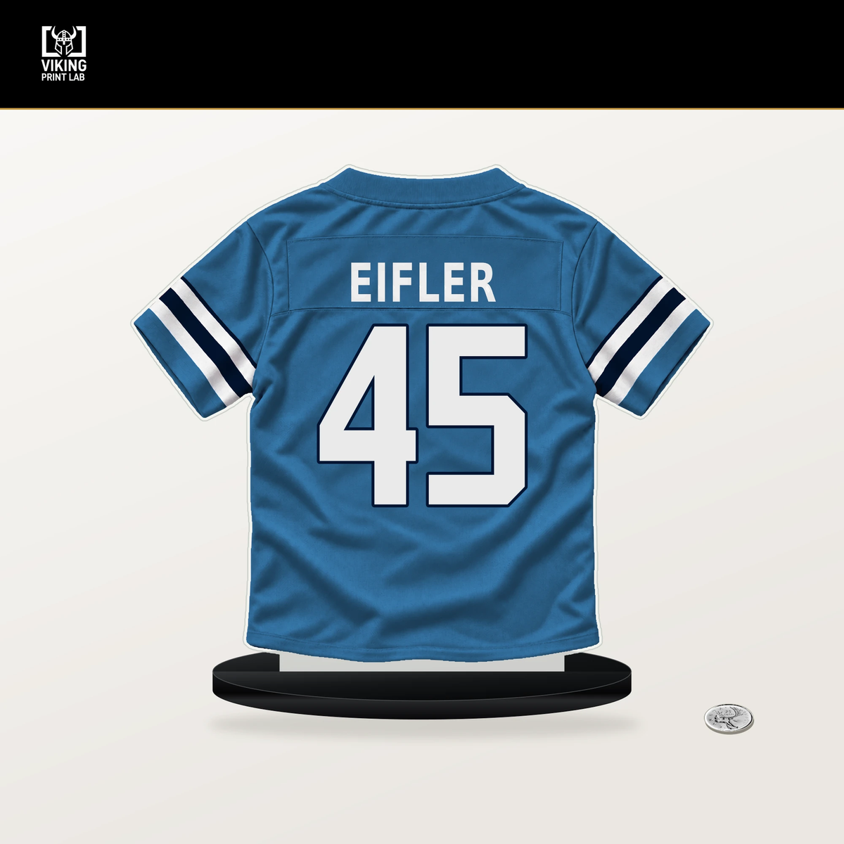 Milo Eifler number 45 Tennessee Titans jersey stand with included black base.