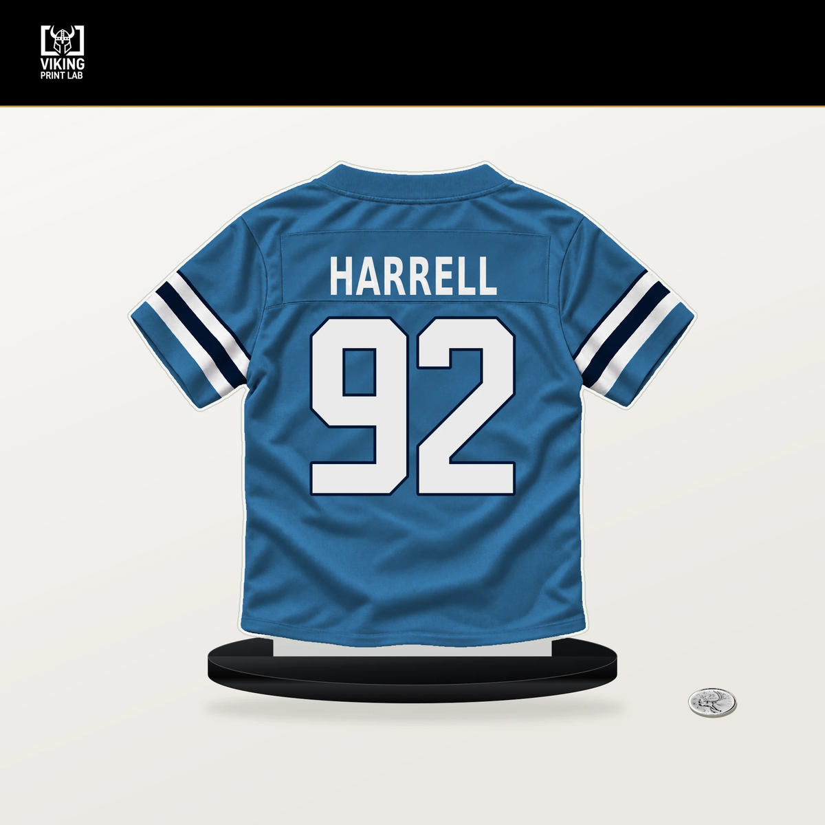 Jaylen Harrell number 92 Tennessee Titans jersey stand with included black base.