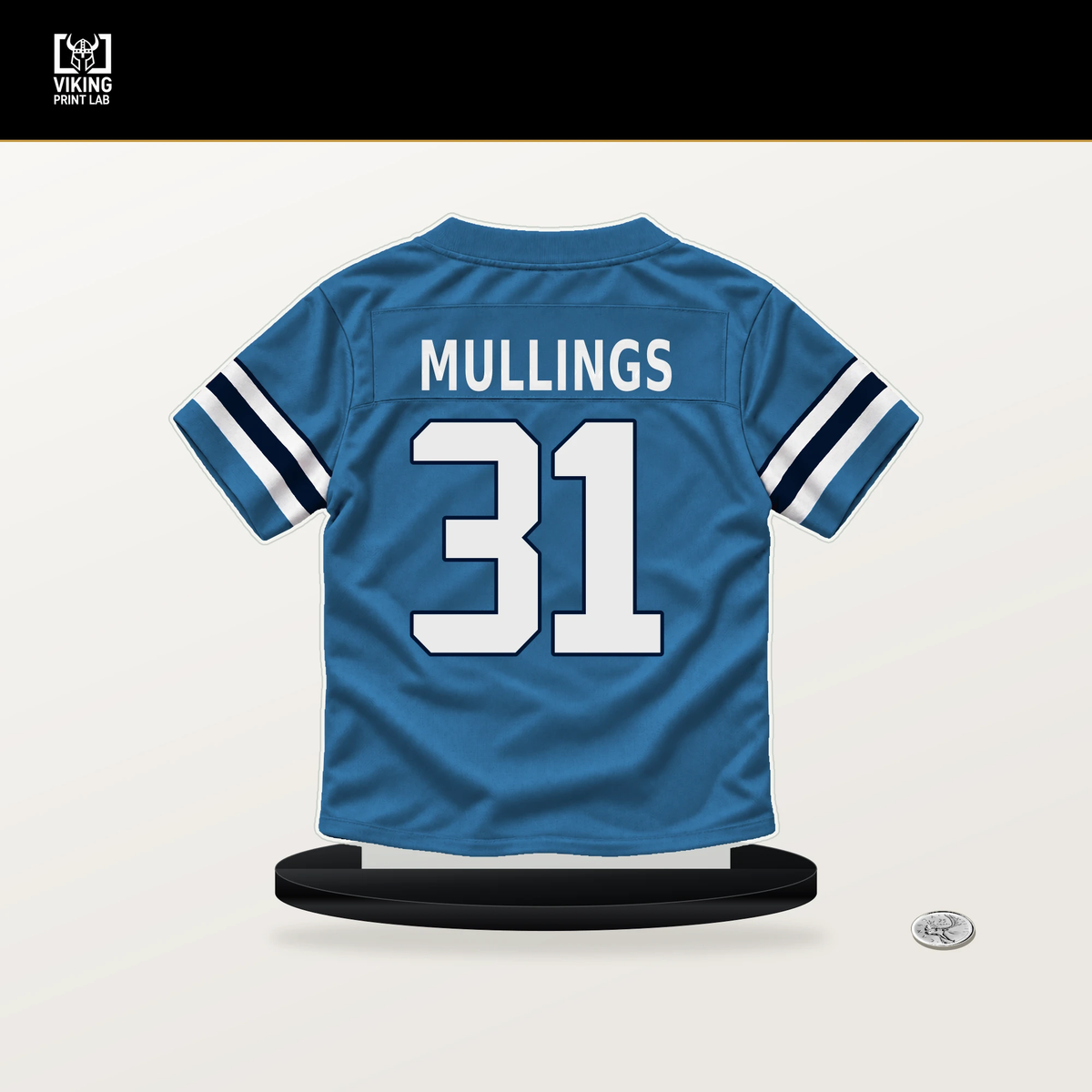 Kalel Mullings number 31 Tennessee Titans jersey stand with included black base.